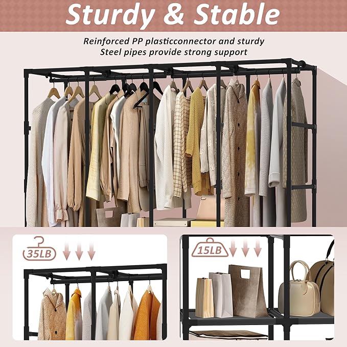 Wardrobe Closet, Quick and Easy Assembly, Gray Large Capacity Portable Closet with 4 Hanging Rods 8 Storage Shelves and 8 Side Pockets, Clothes Rack with Cover, for Bedroom and Living Room
