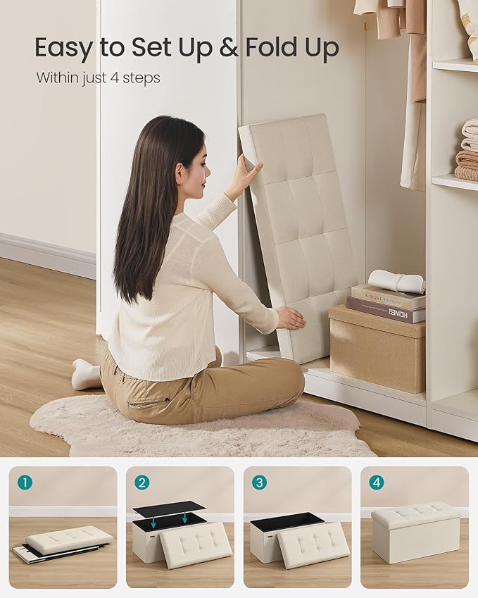 SONGMICS MAZIE Collection - 30 Inches Folding Storage Ottoman Bench, Ottoman Foot Rest, End of Bed Bench, Storage Chest, Load 660 lb, for Living Room, Bedroom, Entryway, Cream White ULSF47BE