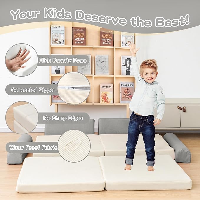 Modular Play Sofa, Instant Expansion, Corduroy Fabric, Grey and Beige