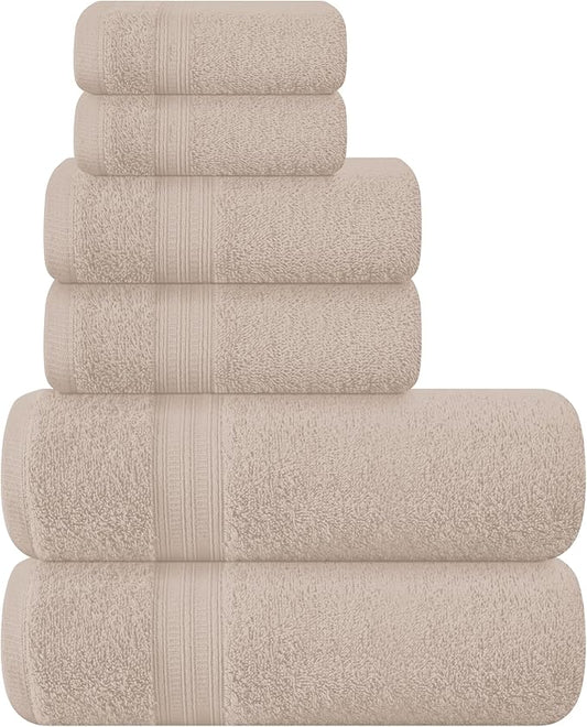 BOUTIQUO 6 Pack Cotton Towel Set, Contains 2 Bath Towels 27x54 inch, 2 Hand Towels 16x24 inch & 2 Wash Coths 12x12 inch, Ideal Everyday use, Ultra Soft Compact & Lightweight - Tan