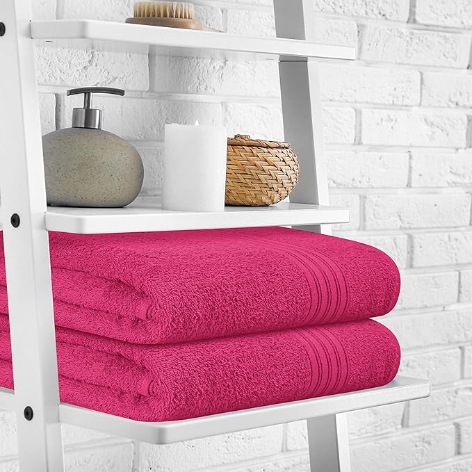BOUTIQUO 100% Cotton 2 Pack Bath Towel Set 28x55, Eco-Friendly Large Bath Towels, Compact Quickdry Lightweight Soft & Highly Absorbent Bath Towel, Ideal for Everyday Gym Travel Camp Pool - Hot Pink