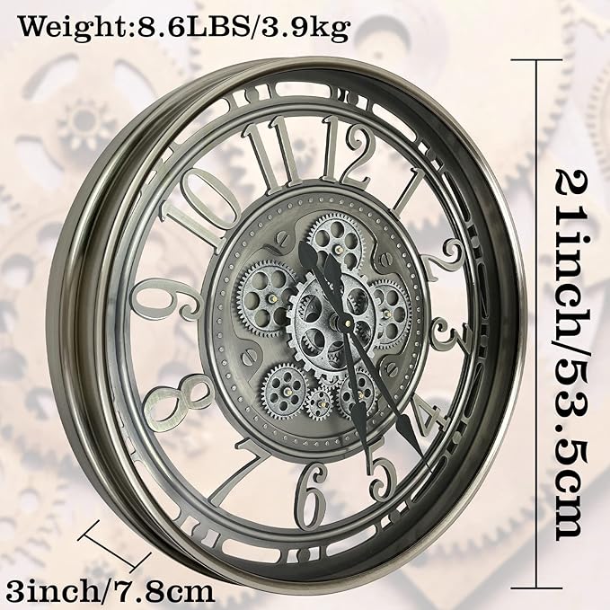 DORBOKER Real Moving Gears Wall Clock Large Modern Metal Clocks for Living Room Decor, Industrial Steampunk Unique Vintage Rustic Decorative Clock for Home Farmhouse Office, 21 Inch,Gunmetal Arabic