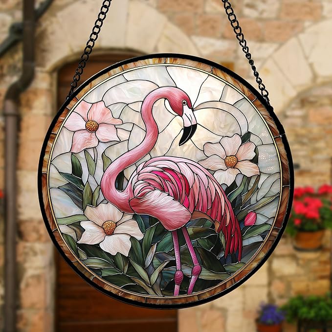 Stained Glass Window Hanging, Flamingo Flower Sun Catchers Diamond Glass Panel Hangings Pink Suncatcher Decor for Birthday for Women, Men, Wife, Aunt, and Mom 7.8 in