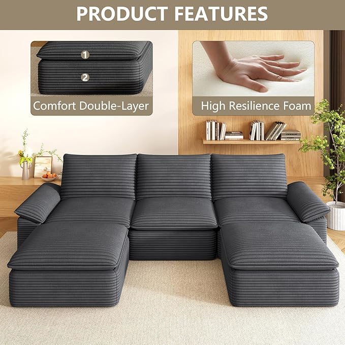 111" Cloud Sectional Couch with U-Shaped Chaise, Corduroy Sectional Sofa with Ottoman, Boneless Couch with Deep Seat in a Box for Living Room, No Assembly Required (Dark Grey)