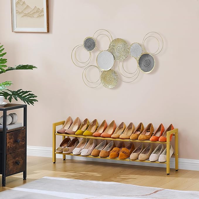 FAVOOSTY 2-Tier Expandable Shoe Rack, Adjustable Shoe Shelf Storage Organizer Space Saving Metal Free Standing Shoe Rack for Entryway Closet Doorway, Gold