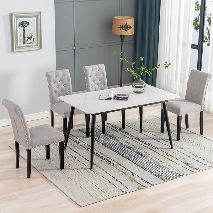 Westice Dining Room Chairs Set of 8 Upholstered Fabric Kitchen Chairs Dining Room Side Chair with Nailhead Trim and Rubber Wood Legs for Small Space Apartment, Light Gray