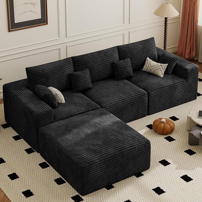 113" Modular Sectional Sofa, Convertible L-Shaped Cloud Couches for Living Room with Ottoman, 4 Seater Corduroy Boneless Couch Sofas Set, No Assembly Required, Black 1 PCS