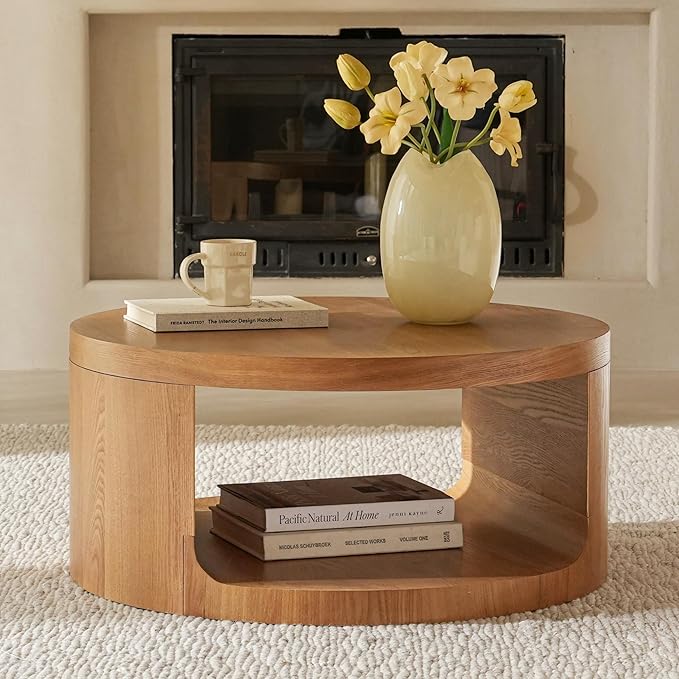 Round Coffee Table with Storage, 31.5" Modern Living Room Table, 2 Tier Circle Wood Center Tables for Apartment, Living Room, Open-Style Storage Cocktail Tables, 31.5"*15.7" (Nature Wood)