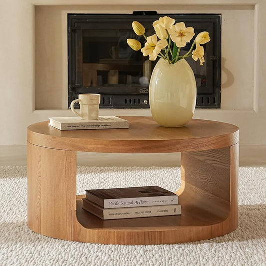 Round Coffee Table with Storage, 31.5" Modern Living Room Table, 2 Tier Circle Wood Center Tables for Apartment, Living Room, Open-Style Storage Cocktail Tables, 31.5"*15.7" (Nature Wood)
