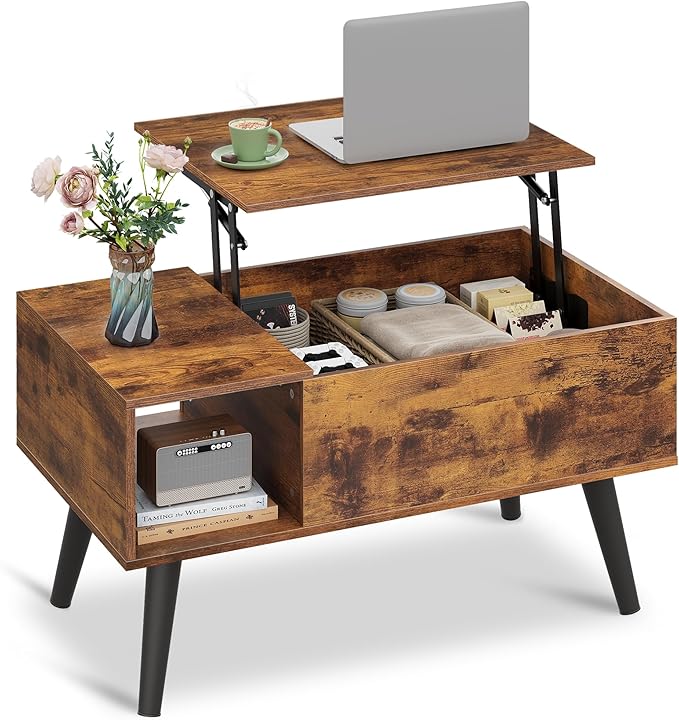 WLIVE Coffee Table for Living Room, Small Coffee Table with Storage, Lift Top Modern Wooden Dining Center Table with Storage Shelf & Hidden Compartment, 31.5" Rustic Brown