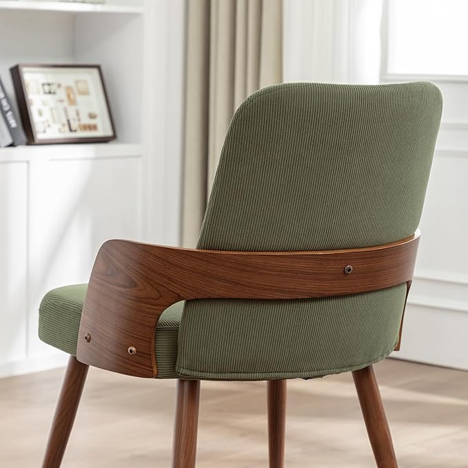 Dining Room Chairs Set of 2,Mid Century Modern Kitchen Chairs,Green Corduroy Fabric Upholstered Accent Chairs,Metal Legs Wooden Desk Chairs,Armless and No Wheels for Kitchen Dining Room