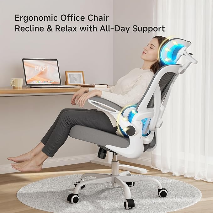 Ergonomic Office Chair with Adjustable Lumbar Support & Headrest, 330 LBS High Back Mesh Chair with Flip-up Armrests for Long Hours, Home Office Desk Chair, White and Gray