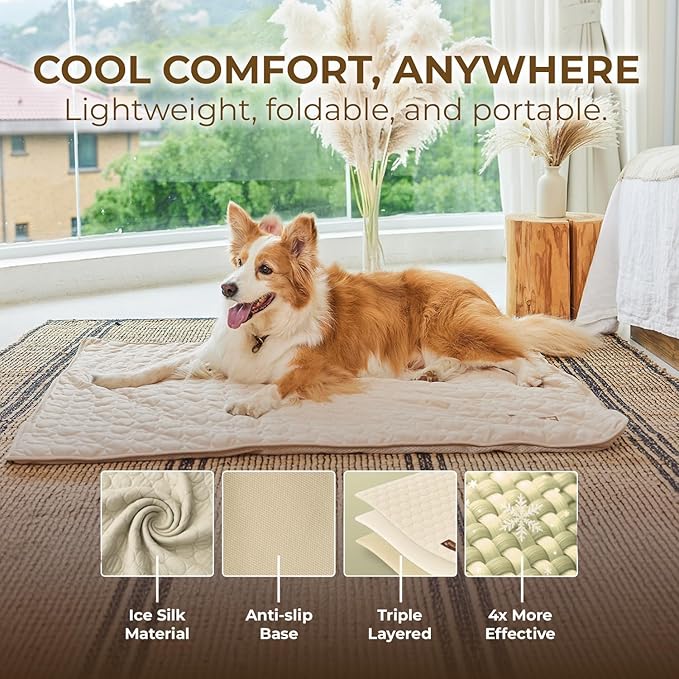 Pelsbarn Dog Cooling Mat- Ice Silk Summer Comfort, Self Cooling, Non-Slip Dog Pad, Durable & Washable, Mat for Medium Dogs 19" x 25", Support Shelter Dogs with Every Purchase (Beige)