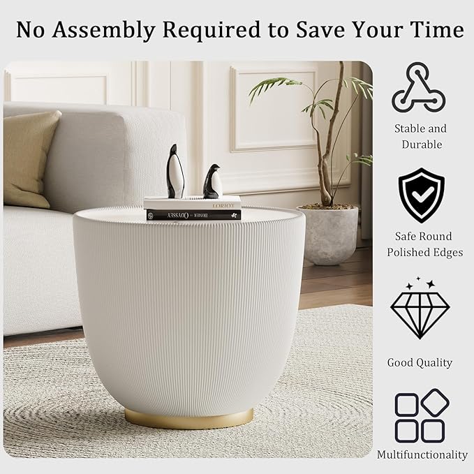 Round Coffee Table Set with Sintered Stone Tabletop, 27.56" Black Drum Center Table and 19.69" White Coffee Table Set, 2 Pieces Living Room Table Set with Fluted PU Leather Cover& Metal Base