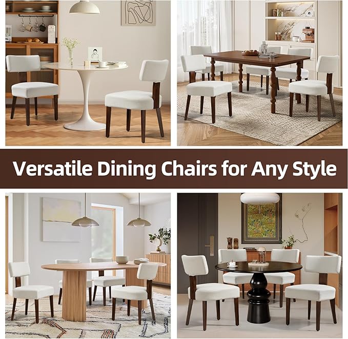 Dining Chairs Set of 6, Fabric Upholstered Wood Kitchen Chairs, Armless Linen Curved Backrest Accent Chair Farmhouse Modern Dining Chairs with Foot Pad for Kitchen/Living Room/Restaurant/Cafe-Beige