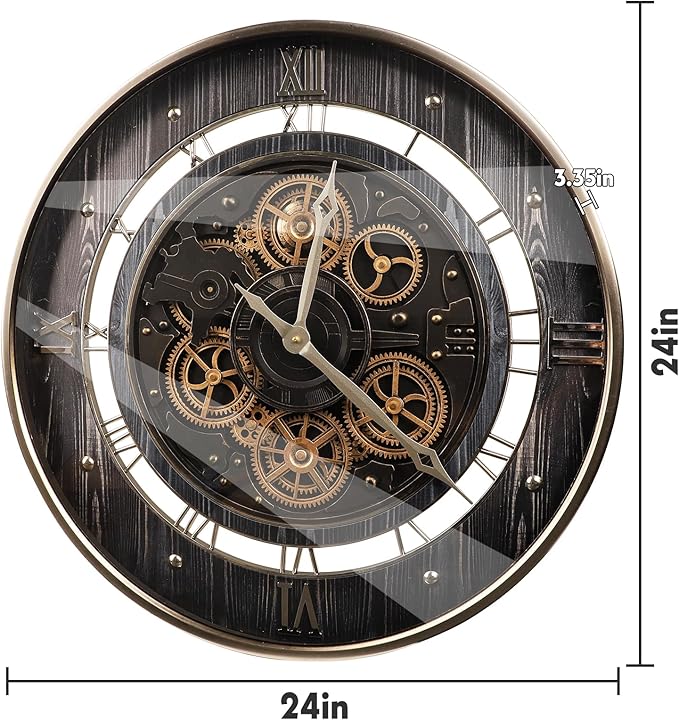 HOIBAI Wall Clock, 24 Inch Moving Gears Clock Large Wall Clock for Living Room Decor Rustic Vintage Industrial Steampunk Farmhouse Big Clock for Home Kitchen Bedroom Office