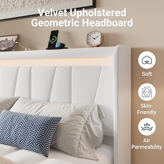 Allewie Queen Size LED Bed Frame with Charging Station, Velvet Upholstered Platform Bed with Geometric Wingback Headboard, Modern Frame with No Box Spring Needed, Easy Assembly, White