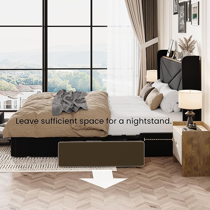 SHA CERLIN King Size Bed Frame with 3 Drawers, USB & Type-C Charging Ports, Velvet Upholstered Platform Bed with Modern Geometric Wingback Storage Headboard, No Box Spring Needed, Easy Assembly, Black