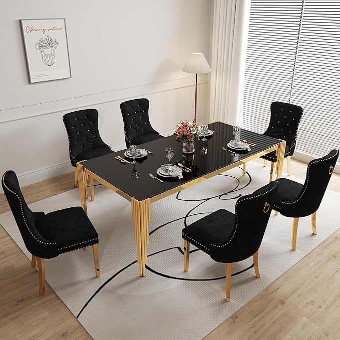 7 Piece Glass Dining Table Set, 78" Large Rectangle Tempered Glass Kitchen Table with 6 Black Velvet Upholstered Chairs, Dining Chairs Set of 6 for Kitchen, Living Room (Black, Gold)