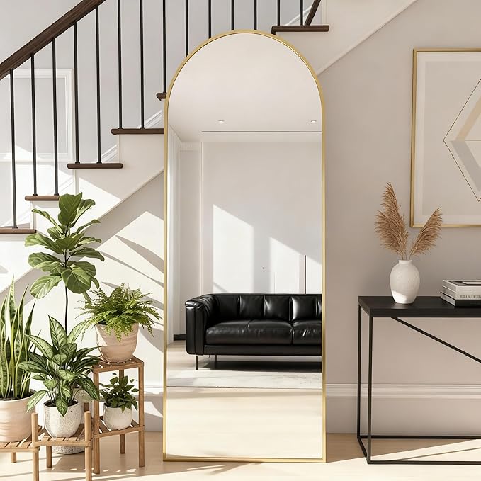 Arched Full Length Mirror,56" L x 15" W Floor Mirror, Aluminum Alloy Frame, Shatterproof Glass - Free Standing, Leaning or Wall Mounted for Bedroom, Living Room, Entryway, Modern Home (Gold)
