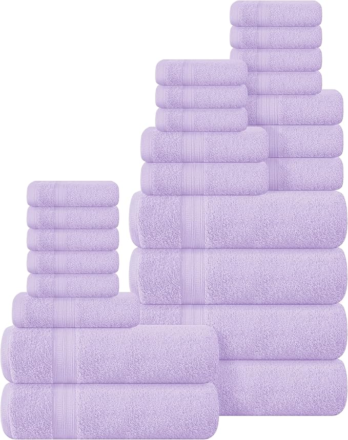 BOUTIQUO 24 Pack Cotton Towel Set, Contains 6 Bath Towels 27x54 inch, 6 Hand Towels 16x24 inch & 12 Wash Coths 12x12 inch, Ideal Everyday use, Ultra Soft Compact & Lightweight - Purple