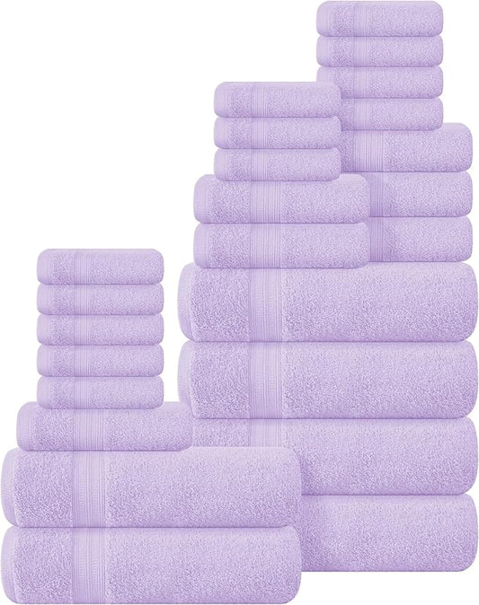 BOUTIQUO 24 Pack Cotton Towel Set, Contains 6 Bath Towels 27x54 inch, 6 Hand Towels 16x24 inch & 12 Wash Coths 12x12 inch, Ideal Everyday use, Ultra Soft Compact & Lightweight - Purple