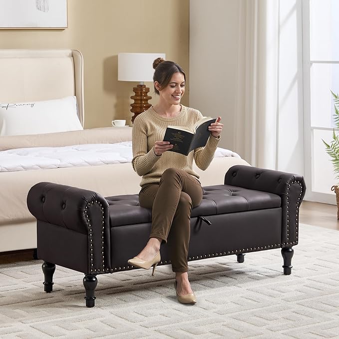 Storage Bench for Bedroom, 51" Upholstered End of Bed Bench, Faux Leather Queen Size Benches with Rolled Arms, Tufted Button Storage Long Ottoman, Living Room, Entryway, Coffee