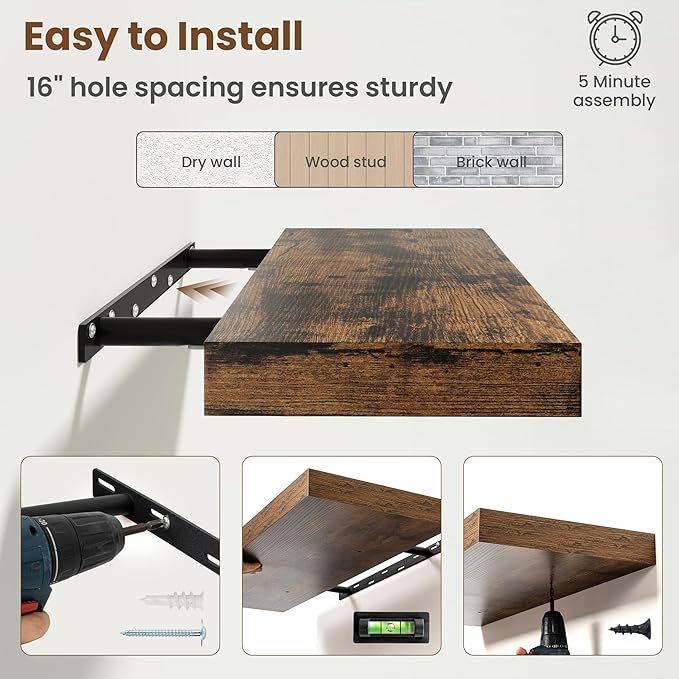 24 Inch Floating Shelves for Wall, 8 Inch Deep Floating Shelf for Storage & Display, Wall Mounted Shelf with Invisible Brackets for Living Room, Kitchen, Bathroom, Home Decor, Set of 2, Rustic Brown