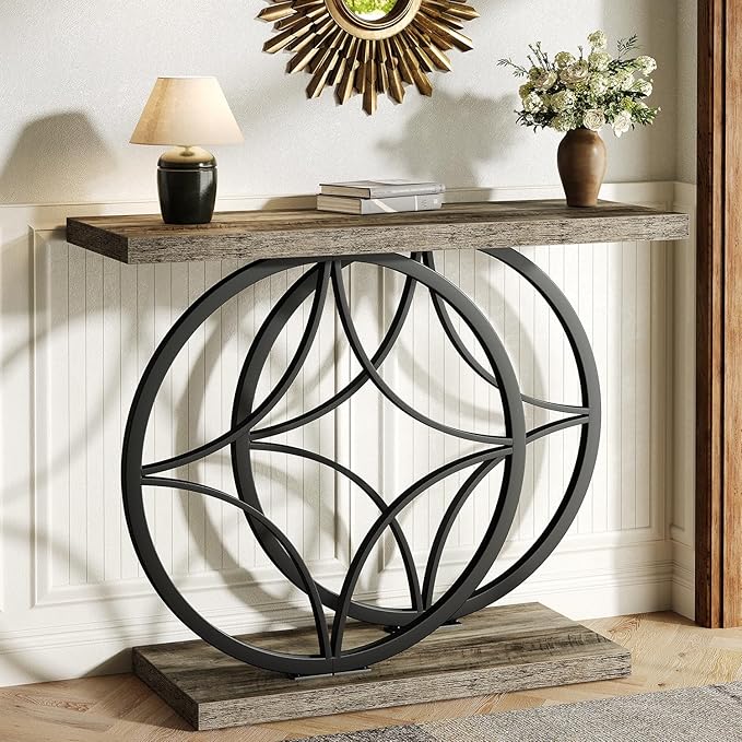 39.4" Entryway Table, Industrial Console Table for Entryway with Anti-Tilt Design, Narrow Wood Accent Sofa Table Behind Couch with Double Circle Base for Hallway, Living Room, Foyer (Industrial Grey)