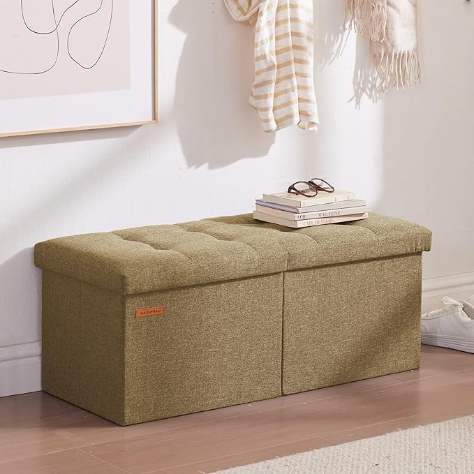 HAUSFRAU 31.5 Inches Ottoman with Storage Bench, Folding Ottoman Bench Small Foot Rest Stool, Bedroom Bench with Flipping Lid, Linen Kaki