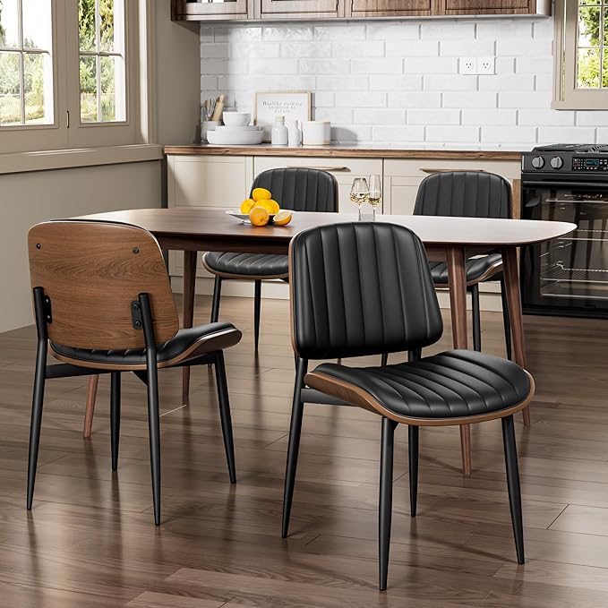 Dining Chairs Set of 6, Mid-Century Modern Upholstered PU Leather Chairs with Walnut Bentwood Back and Metal Legs Adjustable Feet for Kitchen Dining Living Room, Dark Black Vertical Stripes