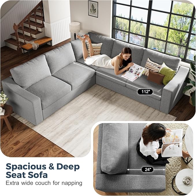 ABCASA 112" L Shaped Sectional Sofa with Detachable Sofa Cover, Reversible Sectional Modular Couch for Living Room, Linen Fabric Corner Couch with 7 Seats, Grey