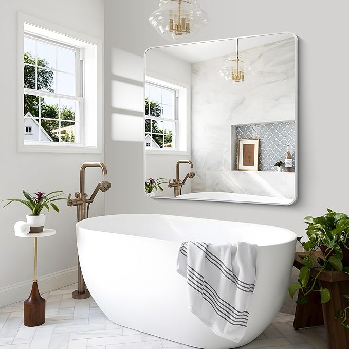 BONEWEI Silver Bathroom Mirror,48x48 inch Wall Mirror for Bathroom Wall Mounted,Rectangle Mirror for Bathroom Over Sink,Modern Frame Round Corner for Living Room,Bedroom Entryway,Horizontal/Vertical
