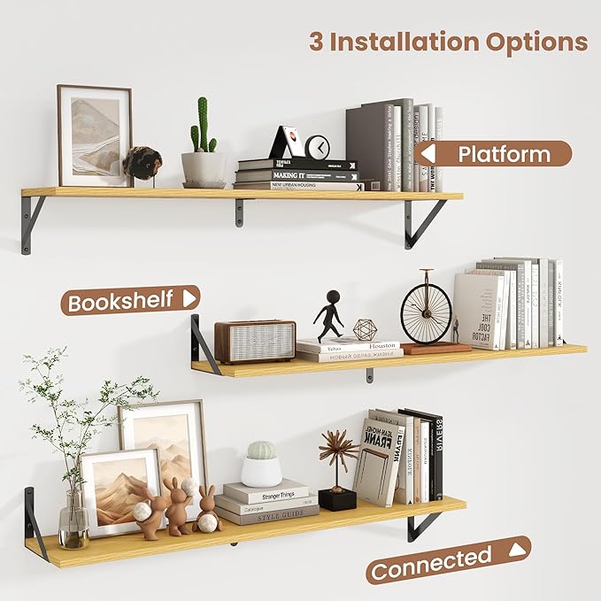 Axeman 40 Inch Floating Shelves | 8 Inch Deep Oak Wall Shelves Set of 2 | 39.4W x 8D Rustic Wood Shelves for Bookshelf Living Room Bedroom Home Office Bathroom