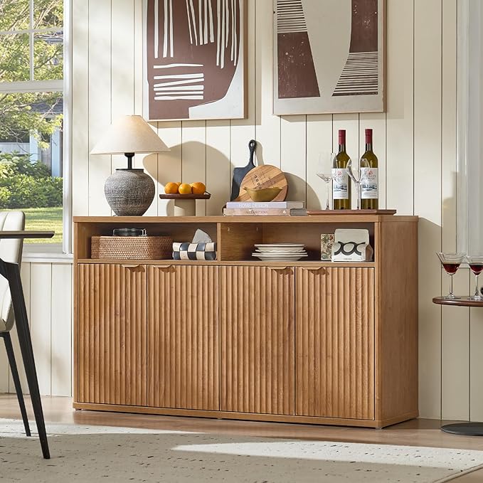 LEYAOYAO Fluted Buffet Cabinet with Storage, 55" Wide Wood Sideboard Credenza with 4 Doors & Open Storage Shelf, Modern Kitchen Console Accent Cabinets, Coffee Bar Table for Dining Room, Tea Brown