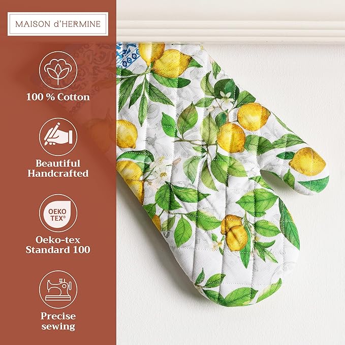 Maison d' Hermine Oven Gloves 100% Cotton Oven Mitt 7" x 13" with Loop Heat Resistant, BBQ, Cooking Gloves, Baking, Grilling, Kitchen, Handling Hot Pans Spring/Summer (Pack of 1, Cedrat)