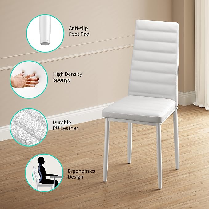 Gizoon 5 Piece Glass Dining Table Set, Kitchen and Chairs for 4, PU Leather Modern Room Sets for Home, Kitchen, Living Room