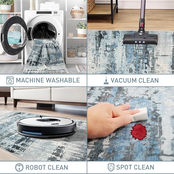 6x9 Soft Washable Area Rugs for Living Room and Bedroom, Non-Slip Stain Resistant Indoor Carpet, Cozy Floor Mat for Dining Room, Office, Under TableStain Resistant Blue