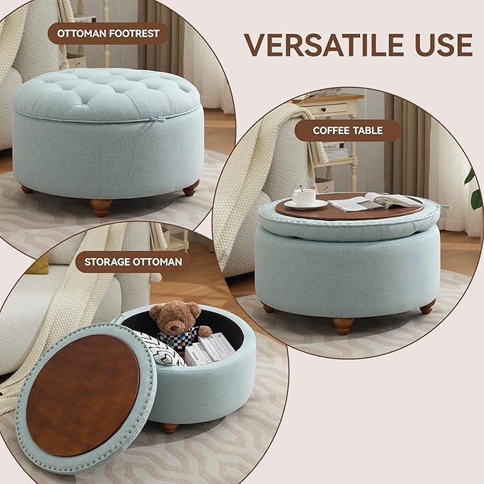 30Inch Round Storage Ottoman with Tray, Modern Tufted Fabric Circle Coffee Table with Storage, Upholstered Ottoman with Removable Top for Living Room, Bedroom, Light Blue