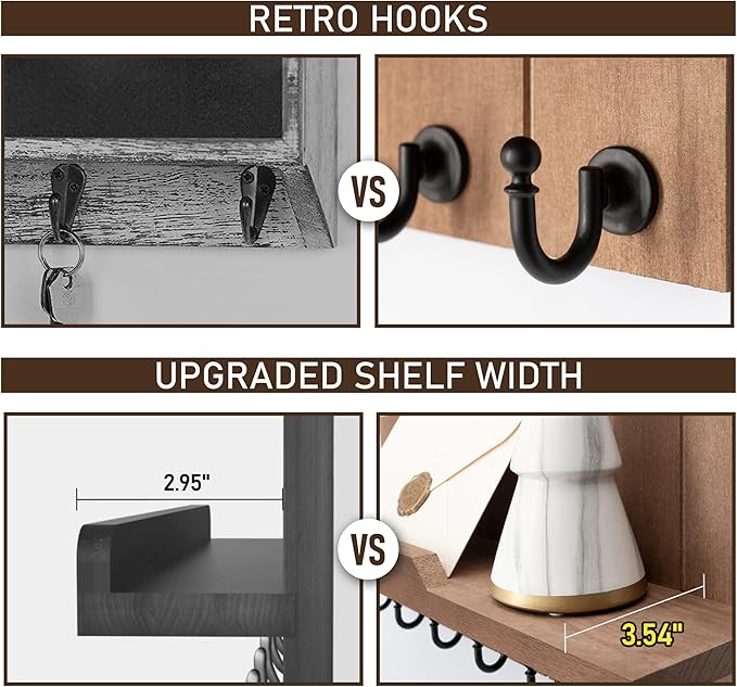 Rebee Vision Key Holder for Wall - Farmhouse Rustic Mail Organizer Floating Shelf for Home Kitchen Entryway Decor with 7 Sturdy Key Hooks (Retro Brown)