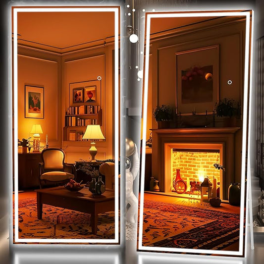 Hasipu Full Length Mirror with Lights, 81" x 34" LED Lighted Floor Standing Mirror, Full Body Dressing Hanging Mounted Mirrors, Dimmable, Tempered Glass, Safe to Use, Square White