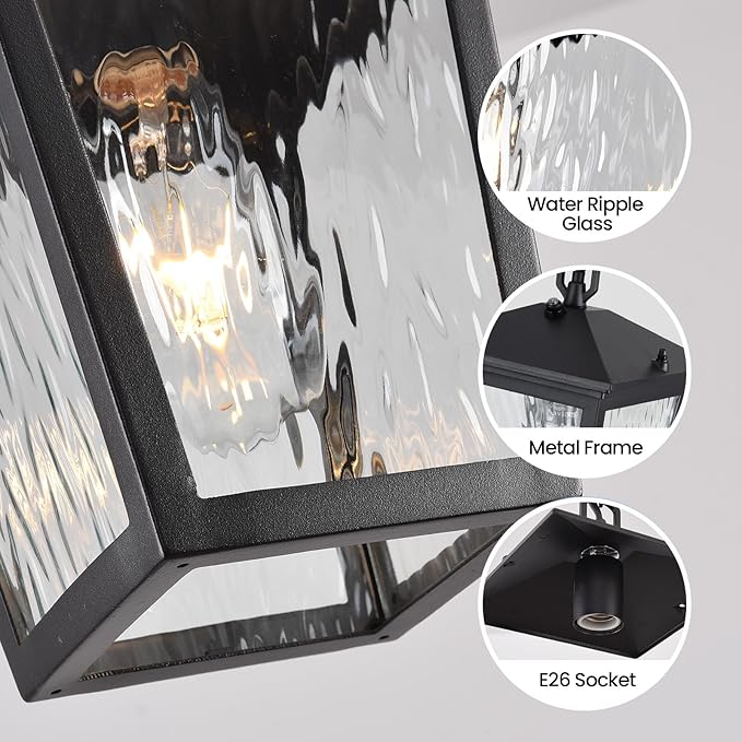 Outdoor Pendant Light, Black Outdoor Porch Light fixtures with Dusk to Dawn Sensor, Exterior Hanging Lantern Height Adjustable Outside Chandelier with Water Glass for House Patio Garage