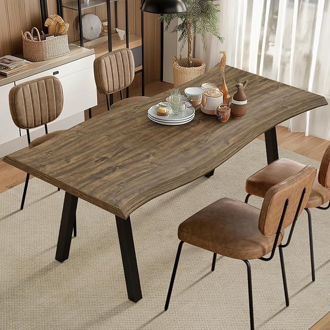 70" L Farmhouse Dining Table for 4-6, Natural Live Edge Tabletop, Large Modern Wood Kitchen Table with Metal Legs, Rectangle Rustic Dining Room Furniture, Easy Assembly & Clean (Brown, Only Table)