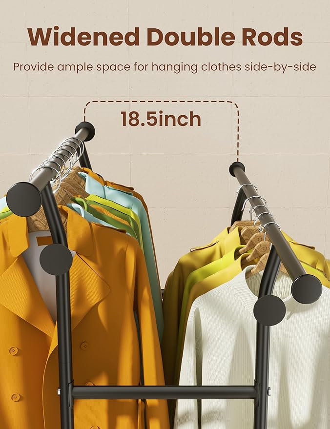 Double Rods Clothes Rack, Rolling Clothing Rack with Wheels, Metal Clothing Racks for Hanging Clothes, Portable Garment Rack Sturdy Closet Rack Trending Coat Rack for Laundry Bedroom Living Room