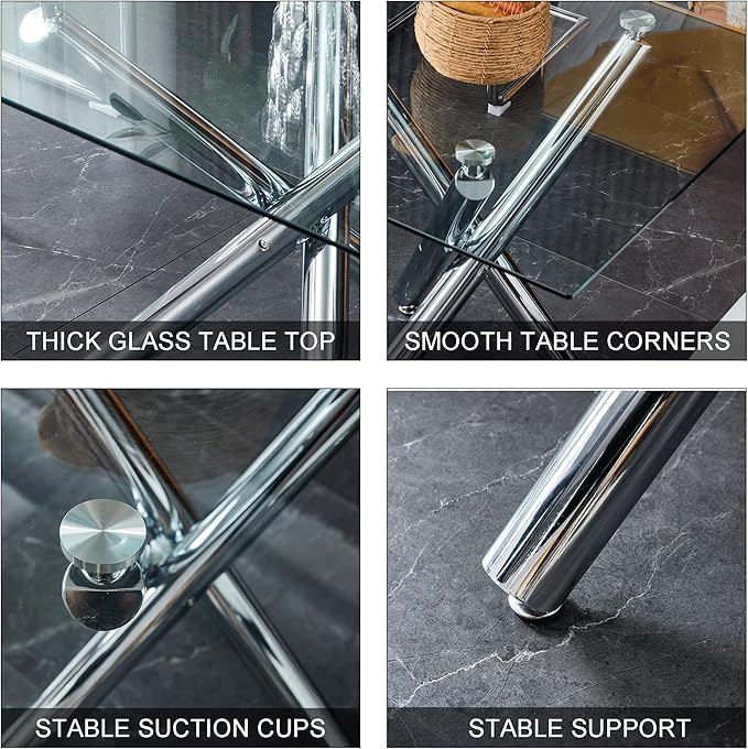 Modern Glass Dining Table for 6-8, Rectangular Glass Kitchen Table with Tempered Glass Tabletop and Silver Chrome Metal Legs for Kitchen Dining Room (Silver2)