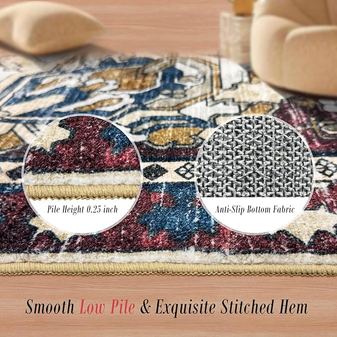 RUGSURE Washable Area Rugs - Perfect for Living Room, Bedroom, Kids Room, Nursery - Stain & Water Resistant Non-Slip, Pet & Child Friendly, Vintage Tribal Area Rugs (Rust and Blue, 8' x 10')