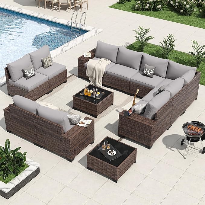 Aoxun 12 Pieces Patio Furniture Set Wicker Rattan Outdoor Sectional Conversation Set with Coffee Table and 4” Thickened Cushions, Gray (Waterproof Cover Included)