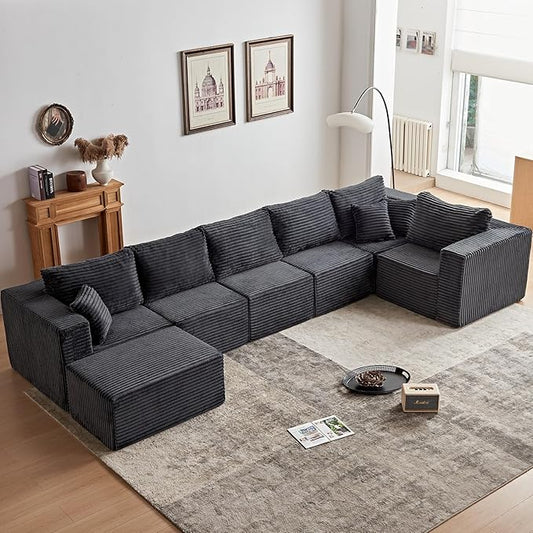 156" U Shaped Cloud Couch Sectional Modular Sofa with Deep Seat, 7 Seater Corduroy Couches, Boneless Couch with Removable Ottoman, Sectional Couches for Living Room, No Assembly Required, Grey