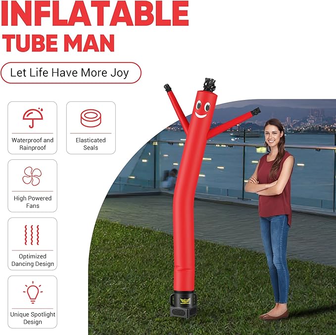 7FT Air Inflatable Waving Tube Man Set with Blower & Wheel, Air Puppet Dance Artist for Mall Opening, Amusement Park, Outdoor Decoration，Red