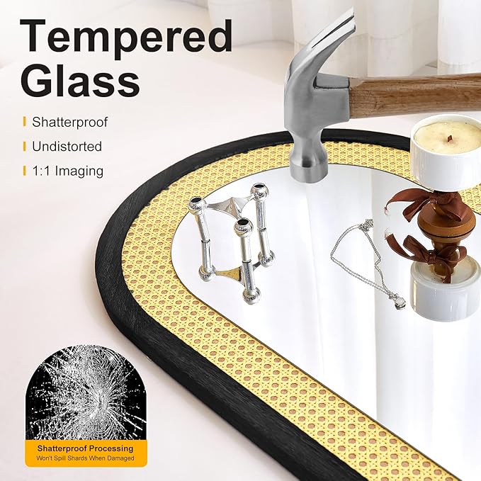 Arched Full Length Mirror with Solid Wood Frame & Rattan Panel, 64"x21" Rustic Wall Mounted Floor Mirror - Free Standing, Leaning Against Wall, Wall-Mounted for Bedroom Living Room (Black)